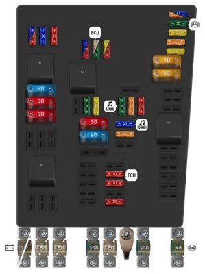 Caja de fusibles en el motor en el compartimento del motor a la izquierda (no AXX, AXZ, BLV, BPY, BWA) (Hasta abril de 2005)